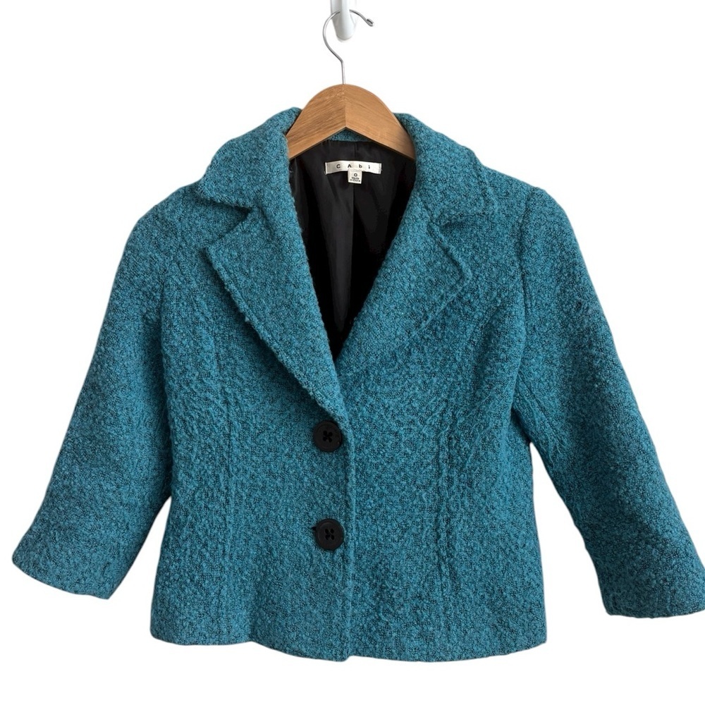 CAbi #186 Teal Boucle Cropped Blazer Jacket Textured 3/4 Sleeve Size 0 - Picture 2 of 9